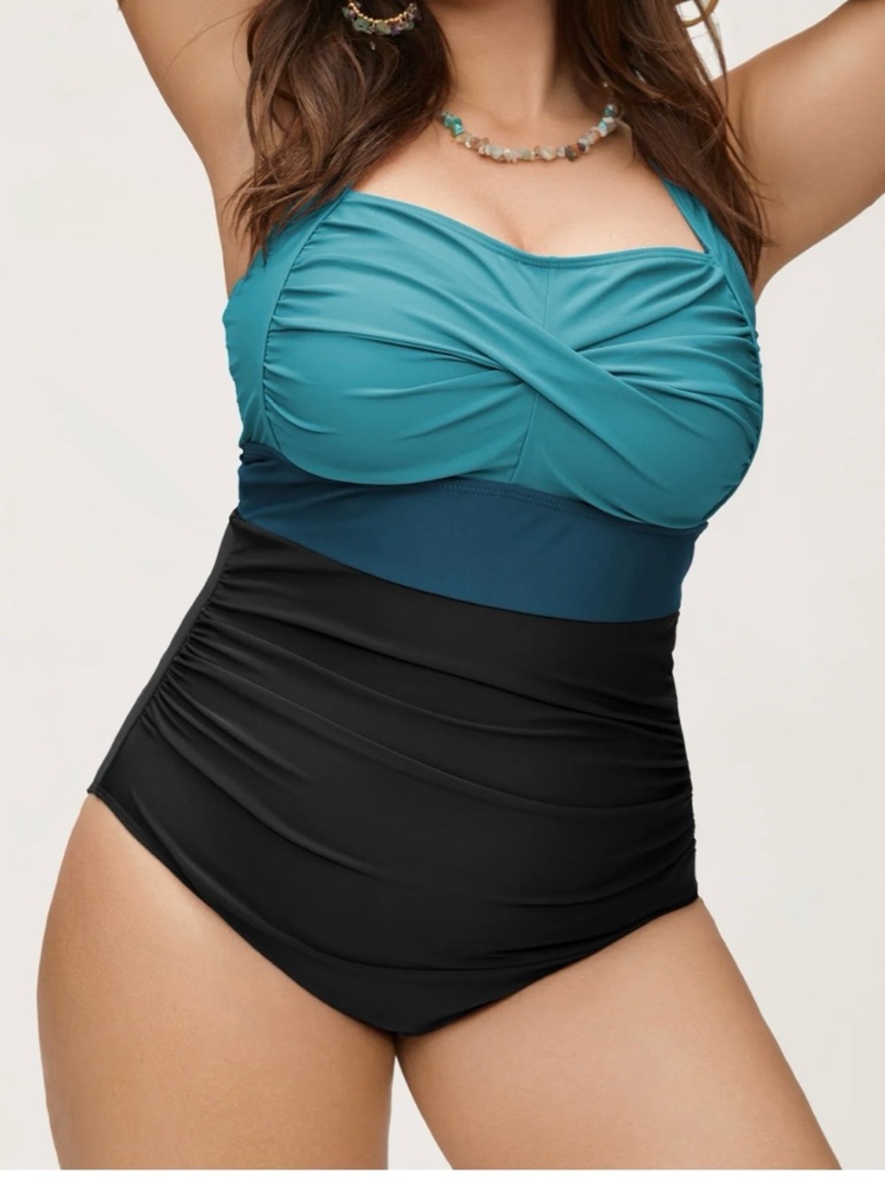 BloomChic Teal & Black Twist-Front One-Piece Swimsuit - Picture 9 of 9